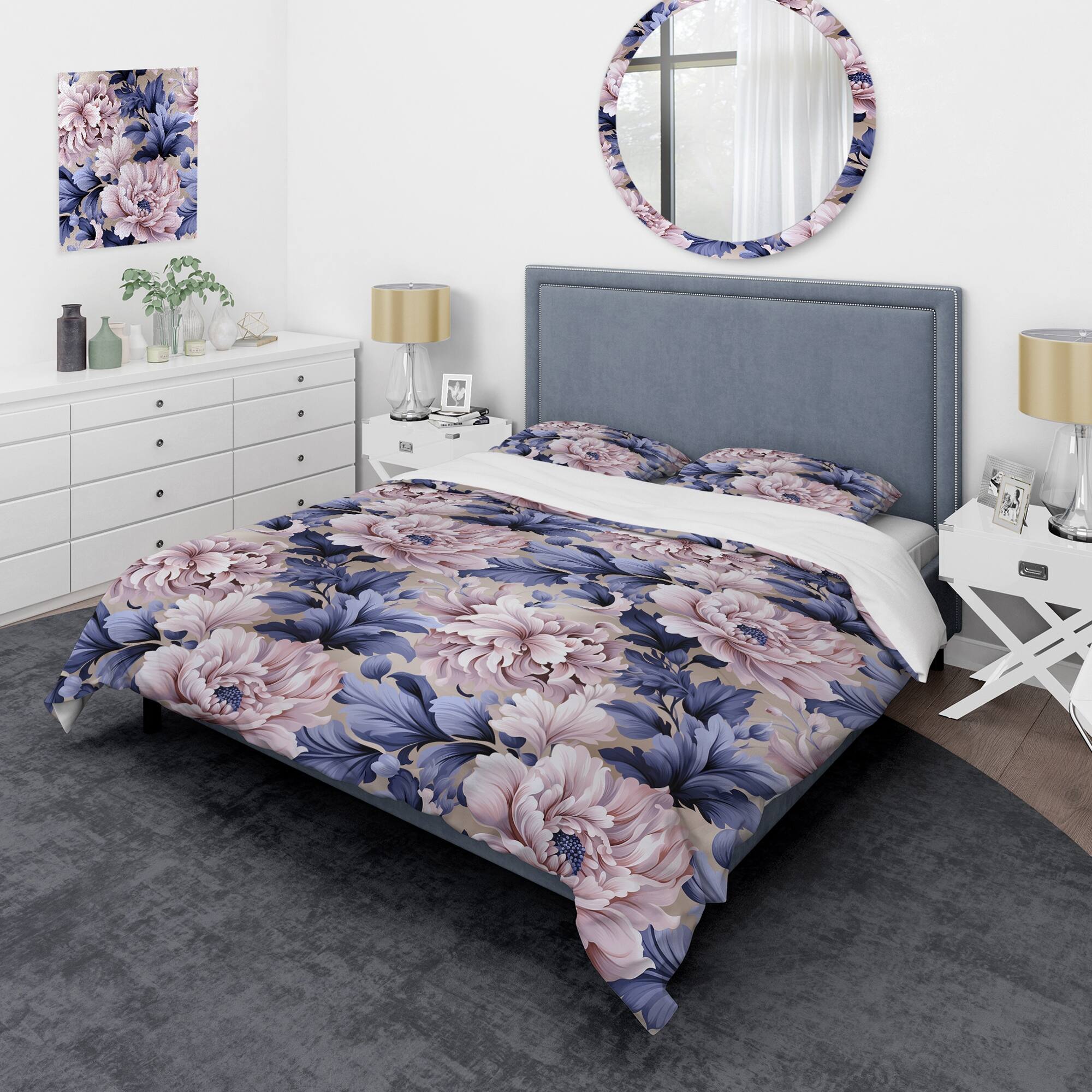 Designart "Purple And Pink Royal Damask Treasures I" Pink Damask bed cover set with 2 shams